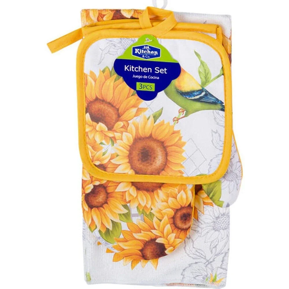 3 pc KITCHEN SET:1POT HOLDER,1OVEN MITT,1MICROFIBER TOWEL,SUNFLOWERS & BIRD,K&Co